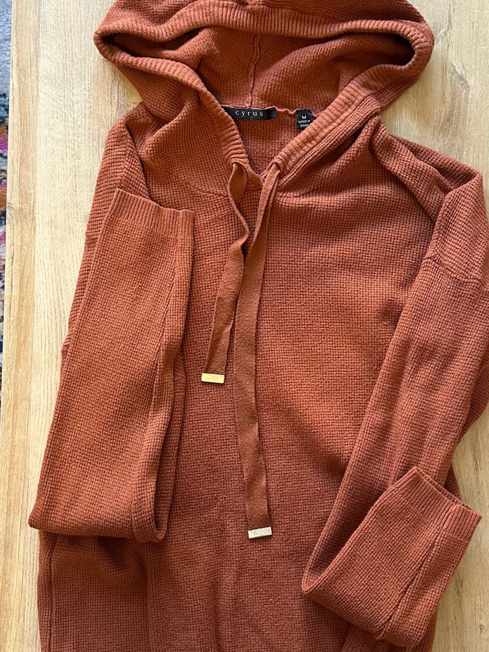 Cyrus Women's Rust Orange Waffle Knit Hoodie Sweater